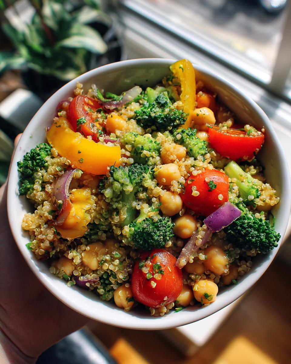 Overhead shot of a Vegetarian Meal Prep Bowls with quinoa, chickpeas, broccoli, peppers, and red onion.
