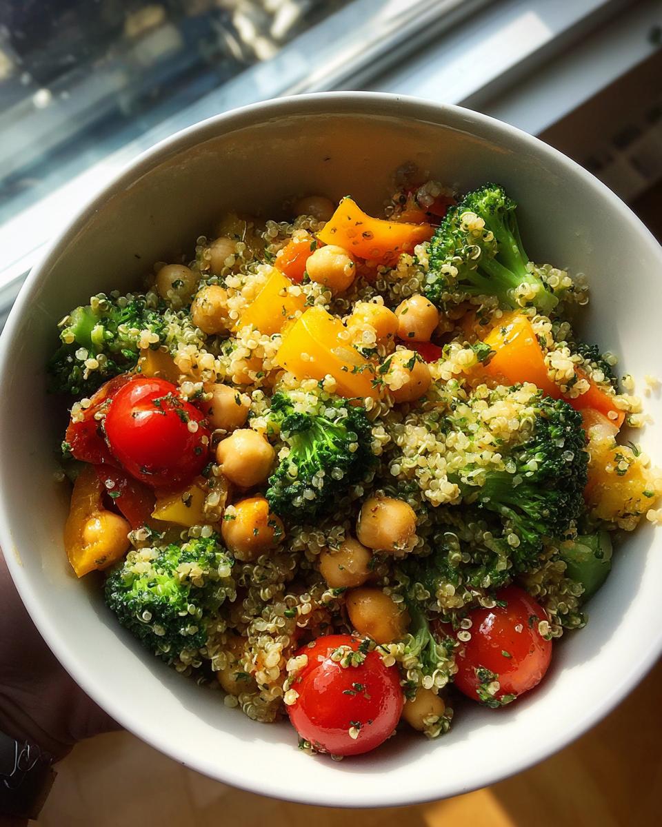 Overhead shot of a Vegetarian Meal Prep Bowls filled with quinoa, chickpeas, broccoli, tomatoes, and bell peppers.