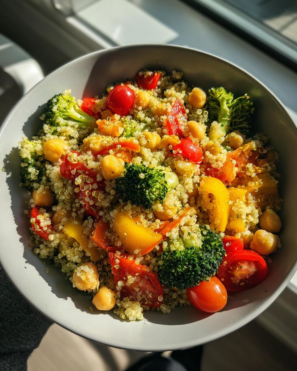 Overhead shot of a Vegetarian Meal Prep Bowls with quinoa, chickpeas, broccoli, and bell peppers.