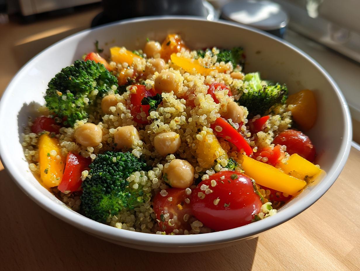 Close-up of a Vegetarian Meal Prep Bowls with quinoa, chickpeas, broccoli, and bell peppers.