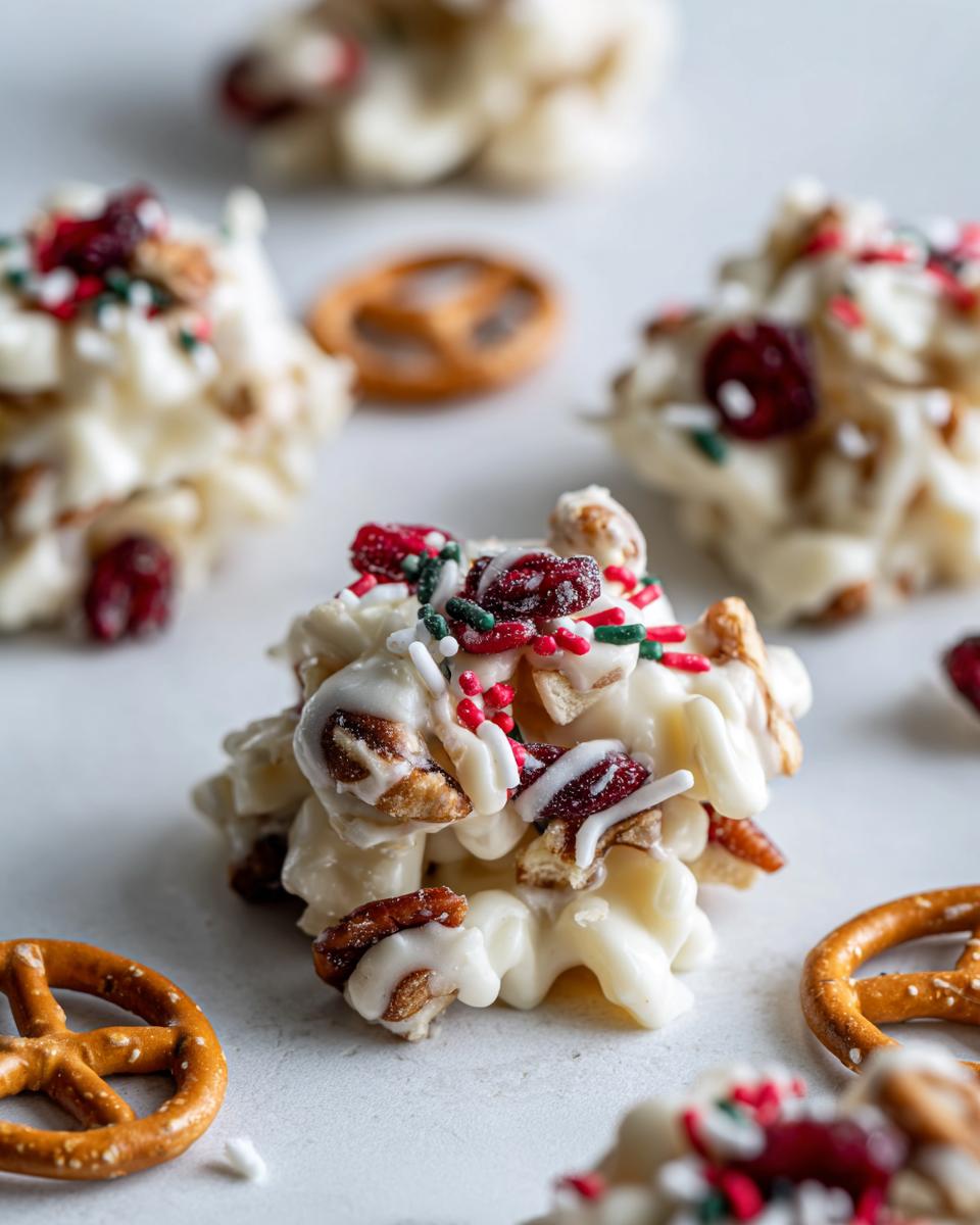 Close-up of homemade White Chocolate Christmas Clusters with pretzels, cranberries, nuts, and holiday sprinkles.