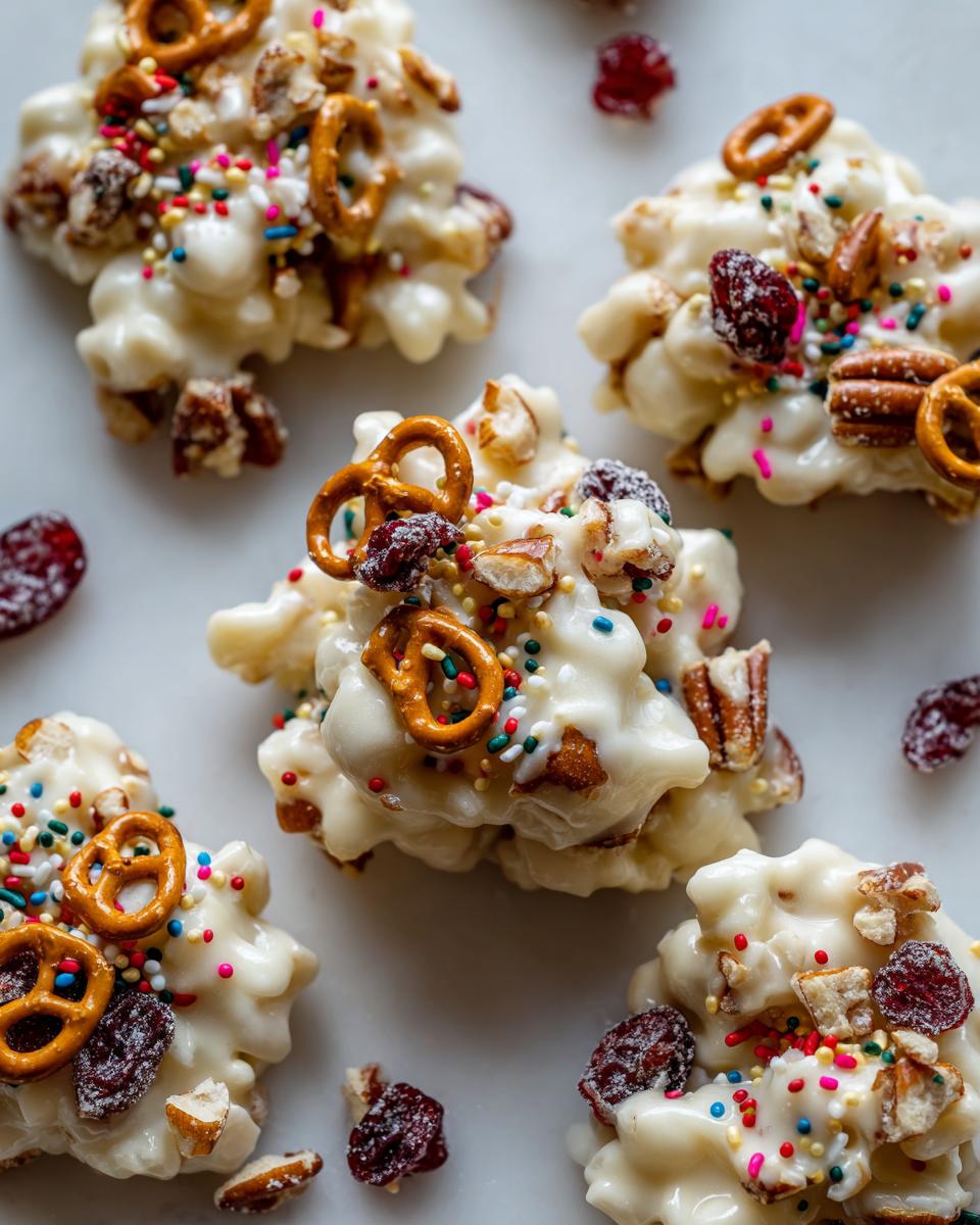 Overhead shot of White Chocolate Christmas Clusters with pretzels, nuts, cranberries, and colorful sprinkles.