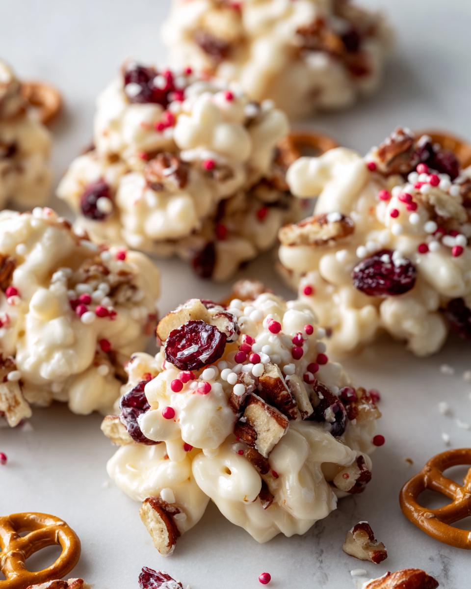 Close-up of White Chocolate Christmas Clusters with cranberries, pecans, pretzels, and sprinkles.