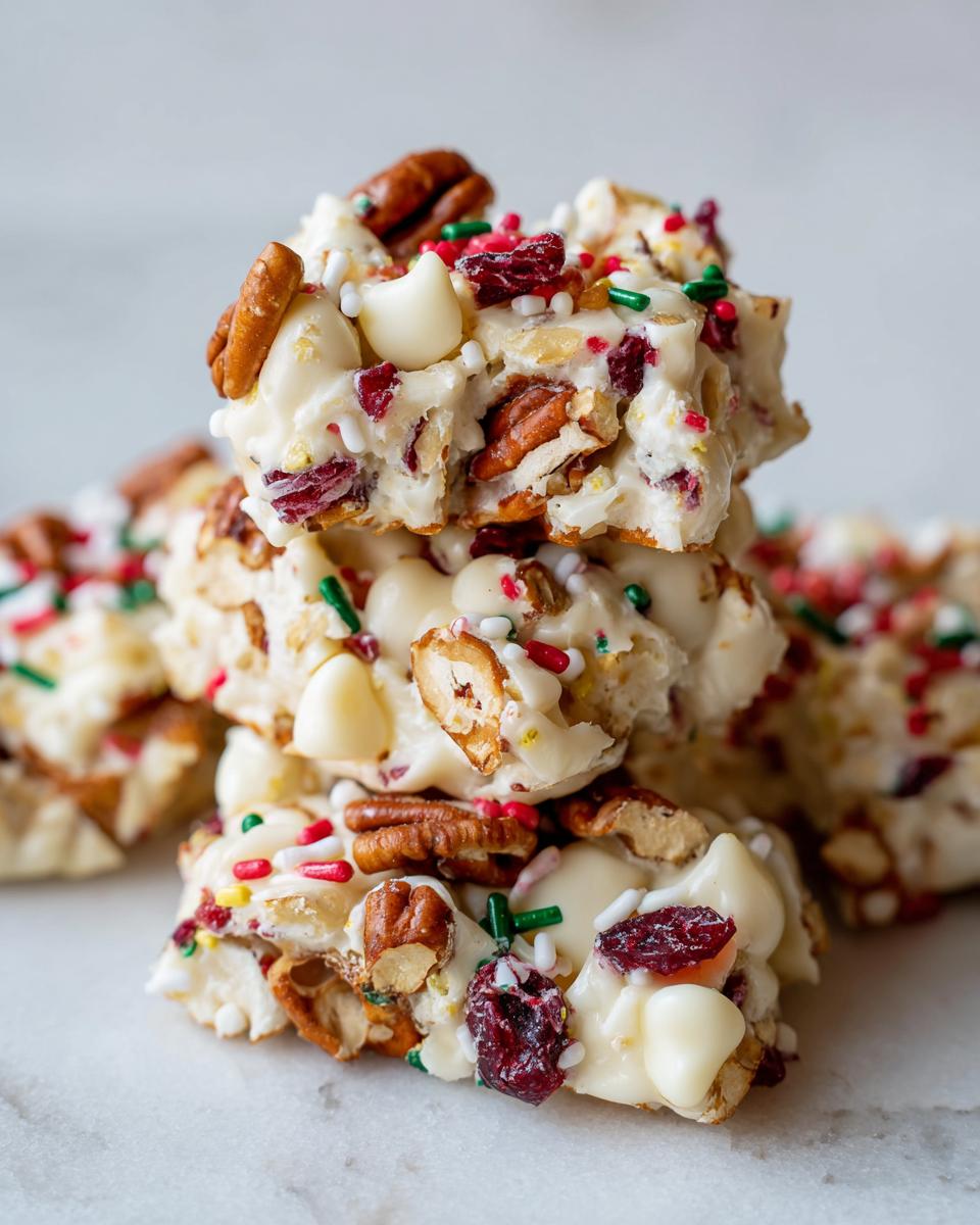 A stack of homemade White Chocolate Christmas Clusters with pecans, cranberries, and festive sprinkles.
