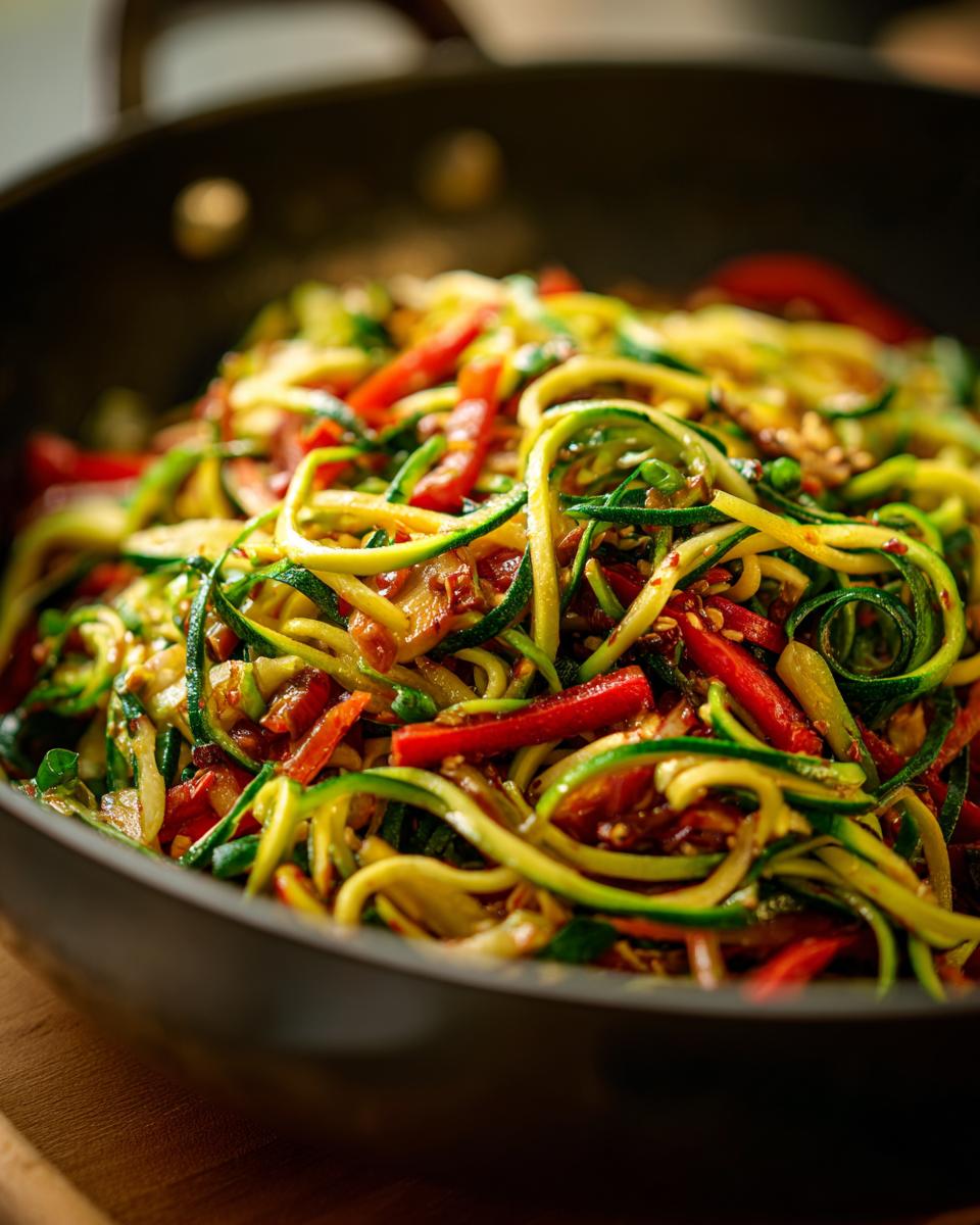 Close-up of a vibrant Zucchini Noodle Stir Fry with red peppers in a dark pan.