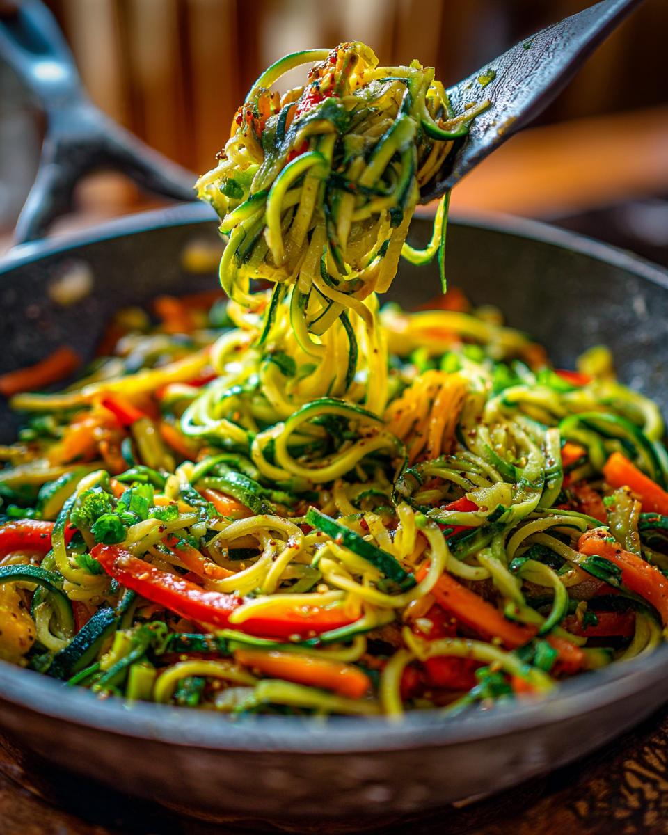Close-up of Zucchini Noodle Stir Fry with colorful vegetables in a pan, being lifted with a spatula.