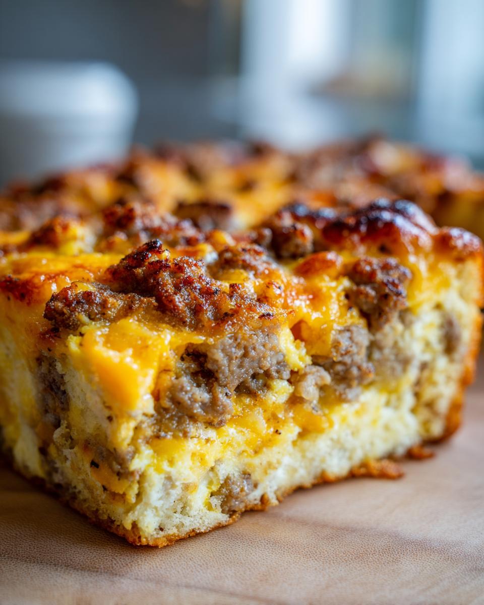 Close-up of a slice of 5-Ingredient Breakfast Casserole with sausage and melted cheese.