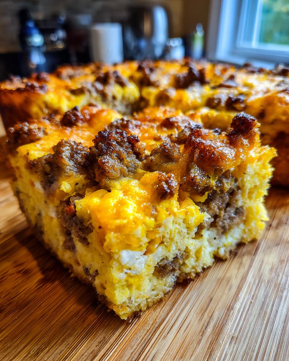A close-up of a slice of 5-Ingredient Breakfast Casserole with sausage, eggs, and cheese on a wooden board.