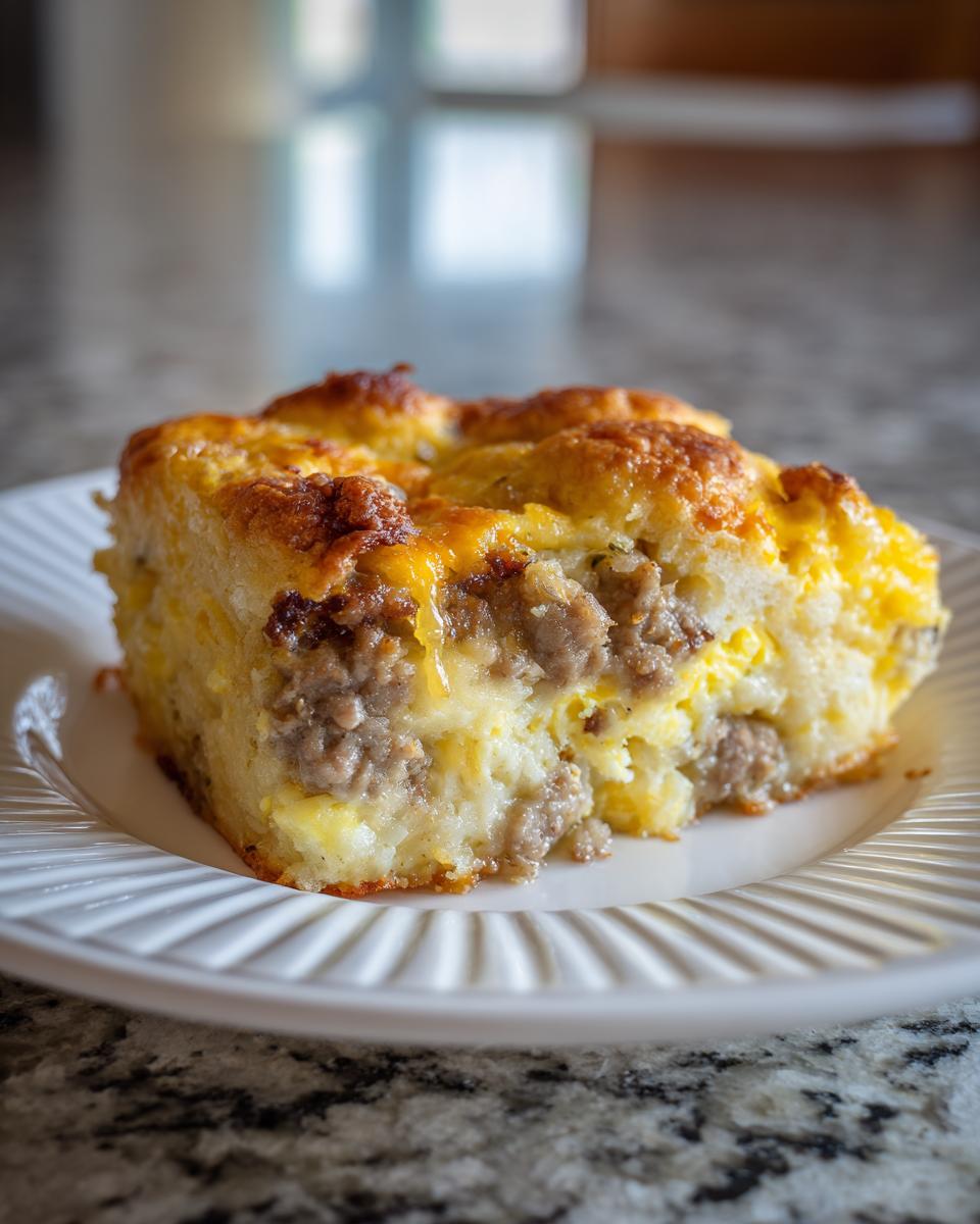 A slice of 5-Ingredient Breakfast Casserole with sausage, eggs, and melted cheese on a white plate.
