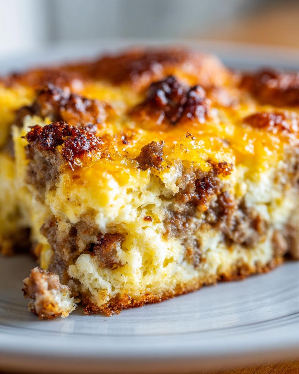 A close-up of a hearty slice of 5-Ingredient Breakfast Casserole with sausage and melted cheese.