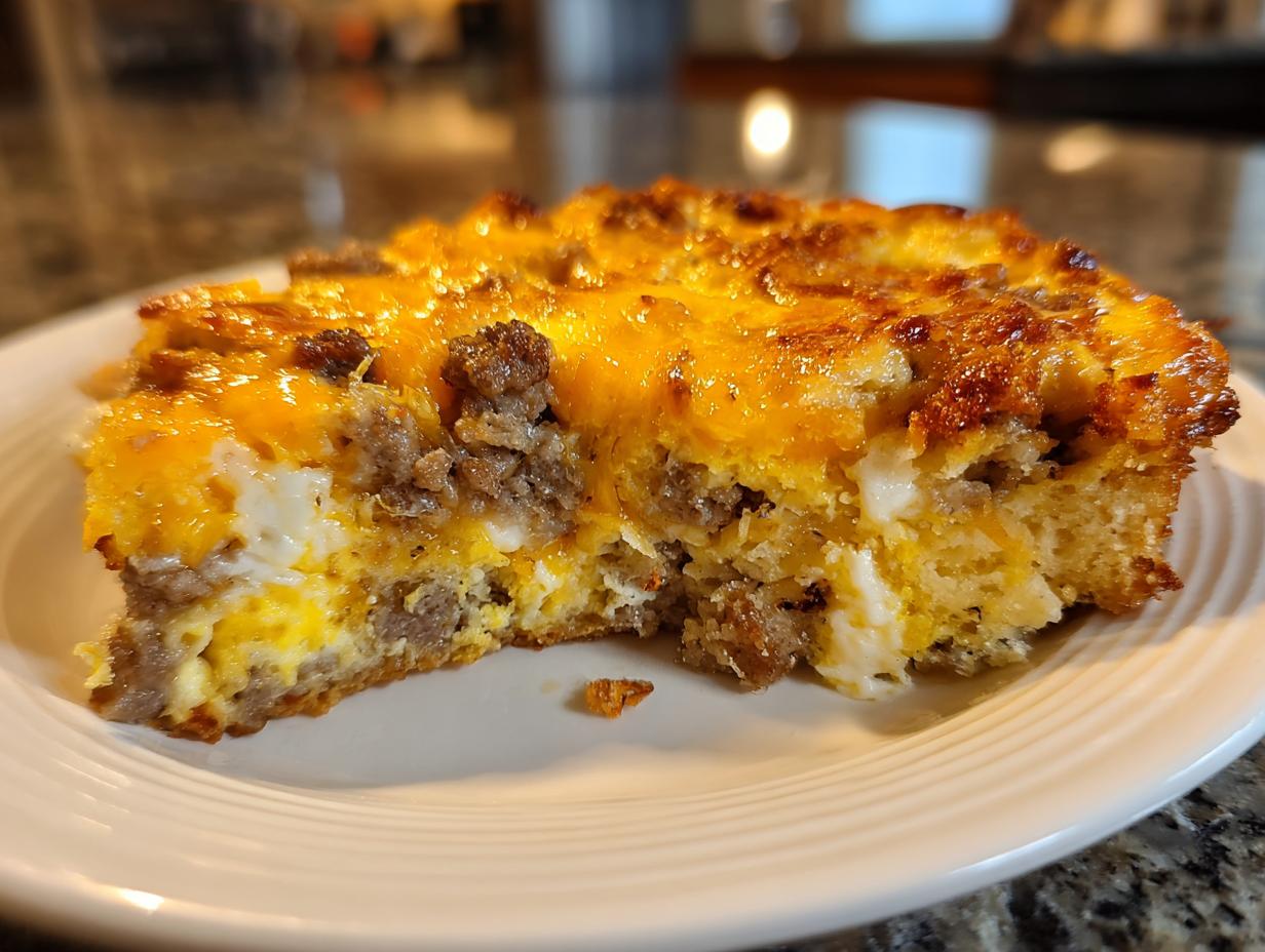 A close-up of a slice of 5-Ingredient Breakfast Casserole with layers of eggs, sausage, and melted cheese.