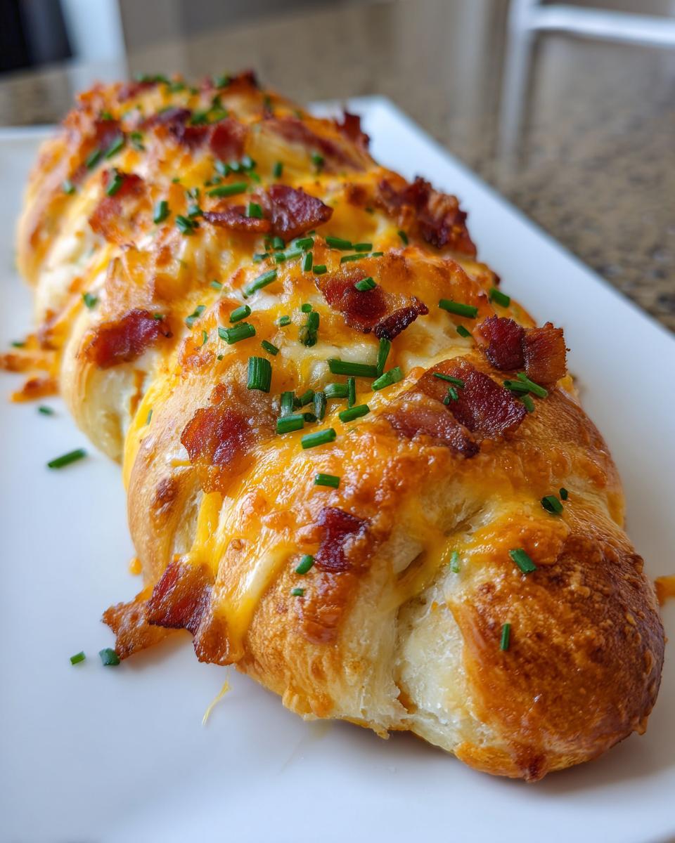 Close-up of a golden-brown bread stuffed with melted cheese and topped with bacon bits and chives. A perfect 5-ingredient party snack.