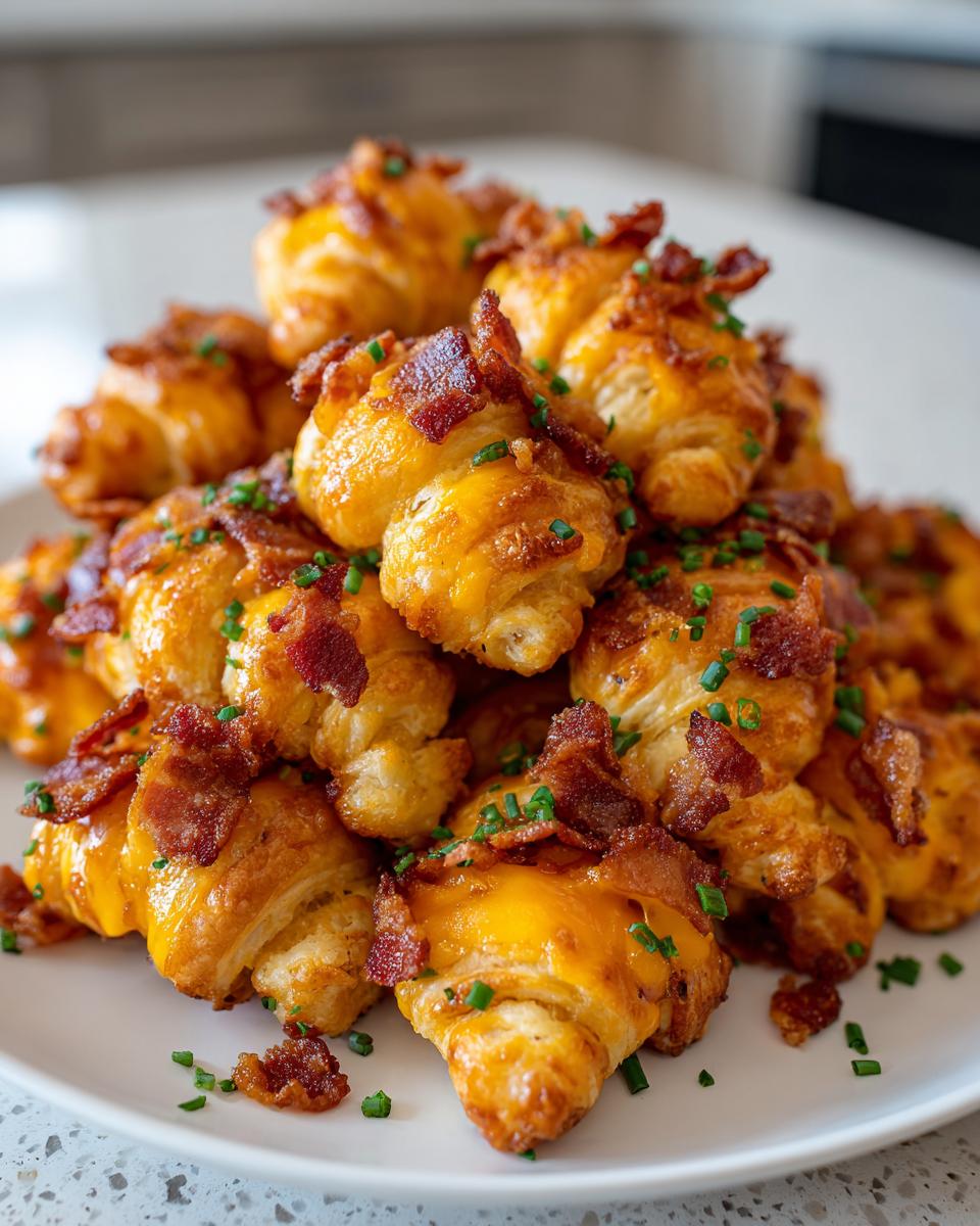 A pile of golden brown crescent rolls topped with melted cheddar cheese and crispy bacon bits, sprinkled with chives. These are 5-Ingredient Party Snacks.