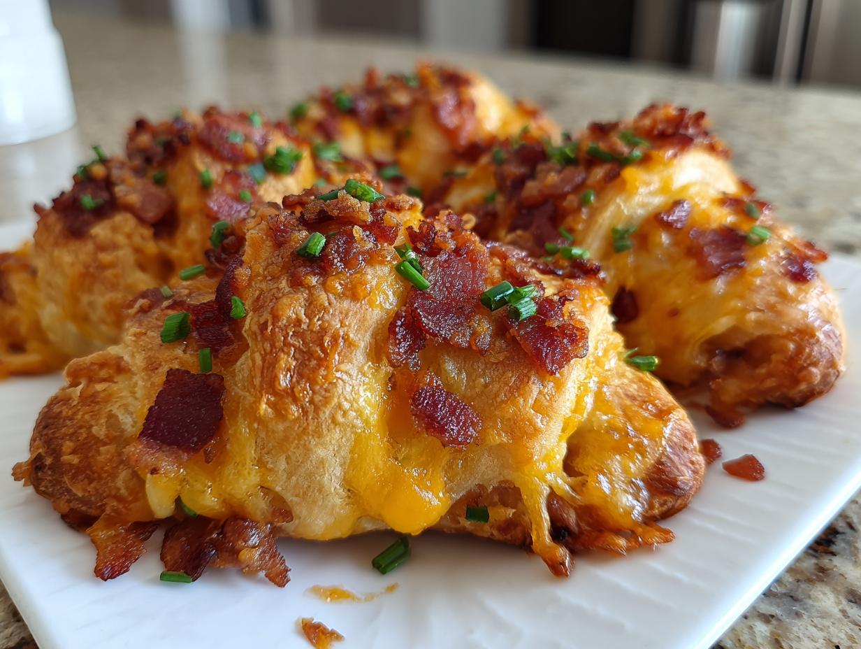 Close-up of 5-ingredient party snacks: golden crescent rolls filled with melted cheddar cheese and topped with crispy bacon bits and chives.