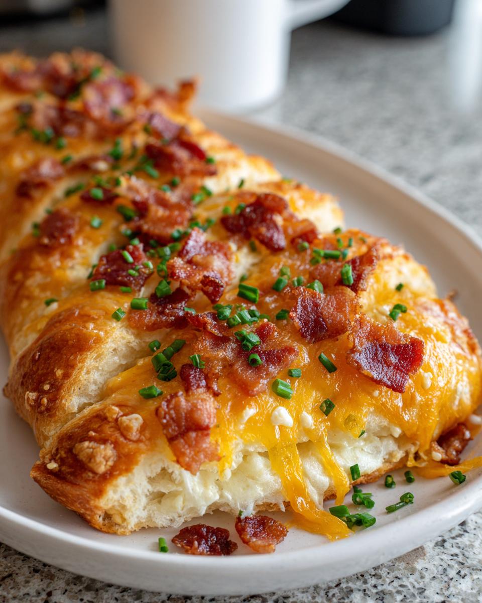 Close-up of a golden-brown braid filled with melted cheese and topped with crispy bacon and chives, a perfect 5-ingredient party snack.