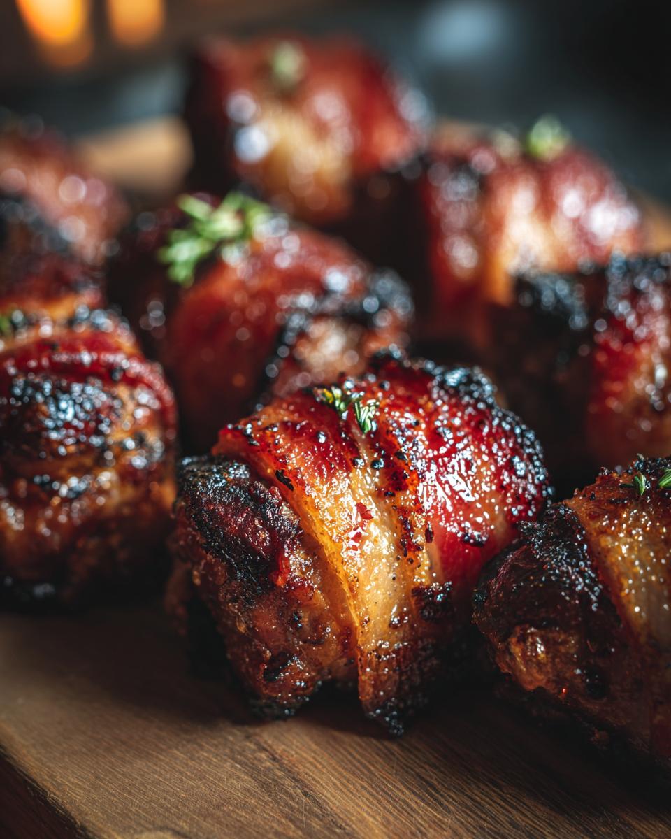 Close-up of glistening Bacon-Wrapped Dates on a wooden board, garnished with herbs.