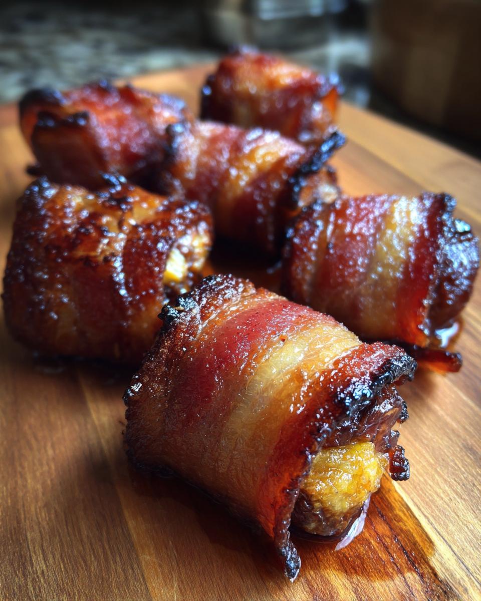 Close-up of several glistening, perfectly cooked Bacon-Wrapped Dates on a wooden board.