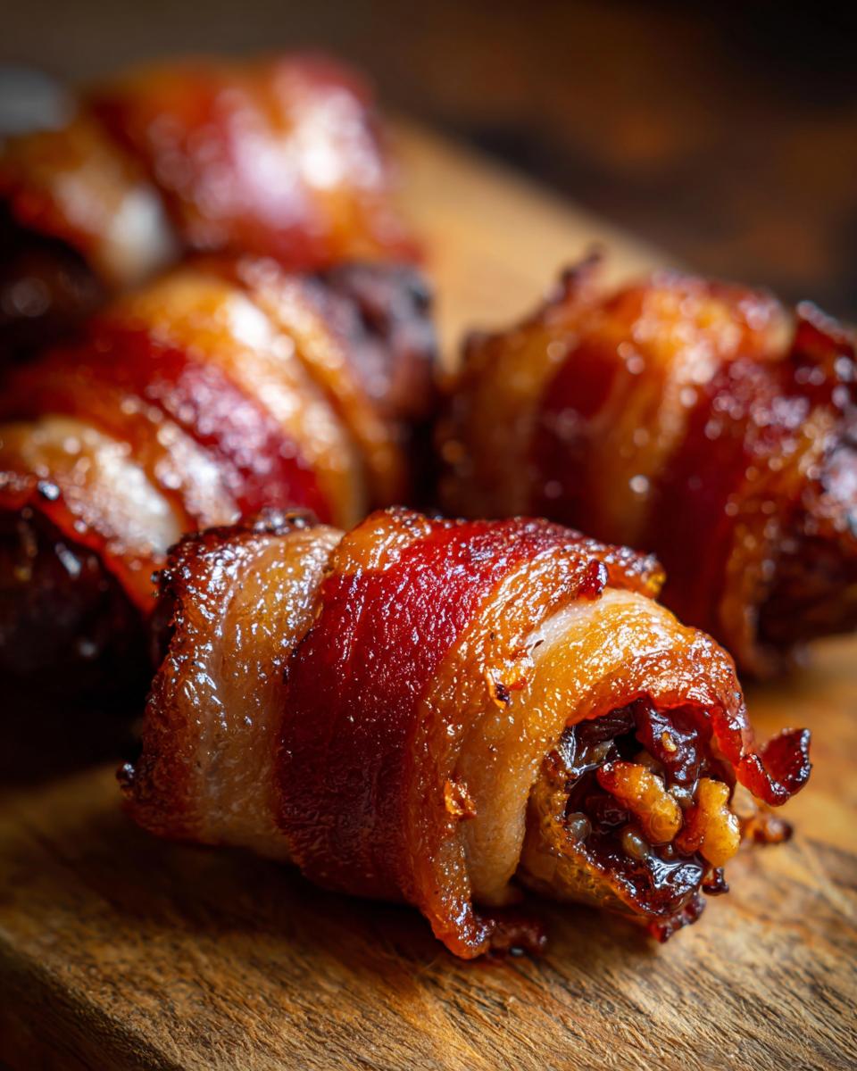 Close-up of several perfectly cooked Bacon-Wrapped Dates on a wooden board, showcasing crispy bacon and sweet dates.