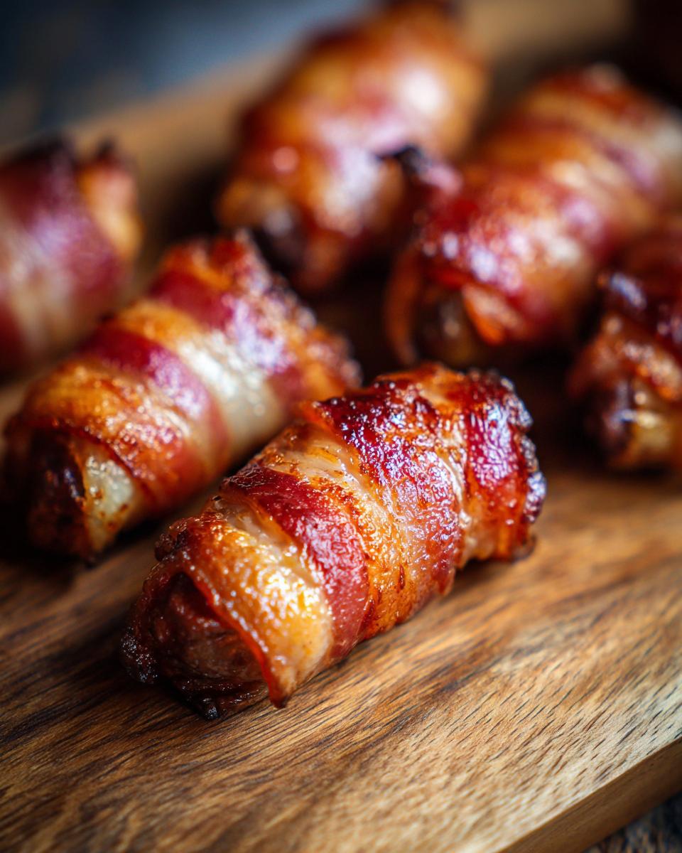 Close-up of several perfectly cooked Bacon-Wrapped Dates on a rustic wooden board, showcasing their crispy texture.