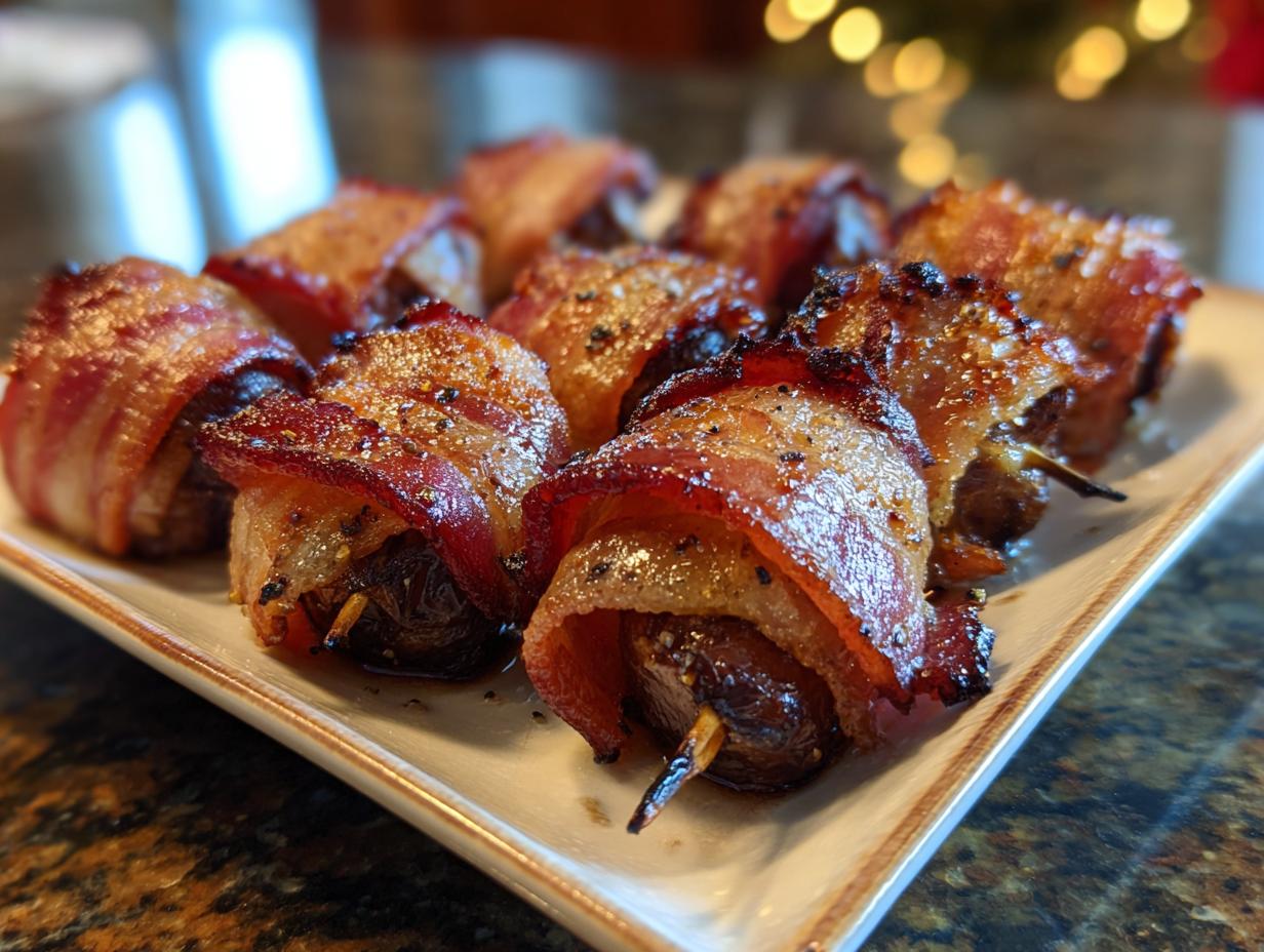 Close-up of delicious restaurant-quality bacon-wrapped dates on a platter, glistening and perfectly cooked.