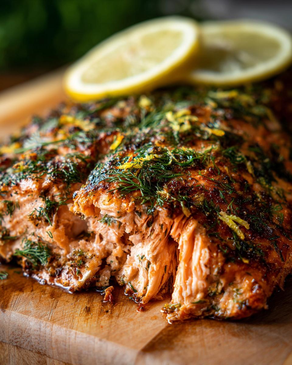 Close-up of a flaky, perfectly baked salmon fillet with fresh dill and lemon slices on a wooden cutting board.