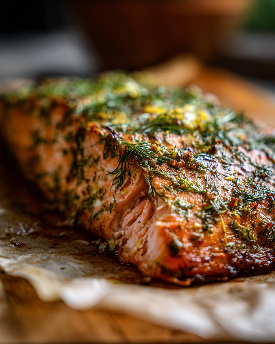Close-up of a flaky, perfectly baked salmon fillet seasoned with fresh dill and lemon zest.