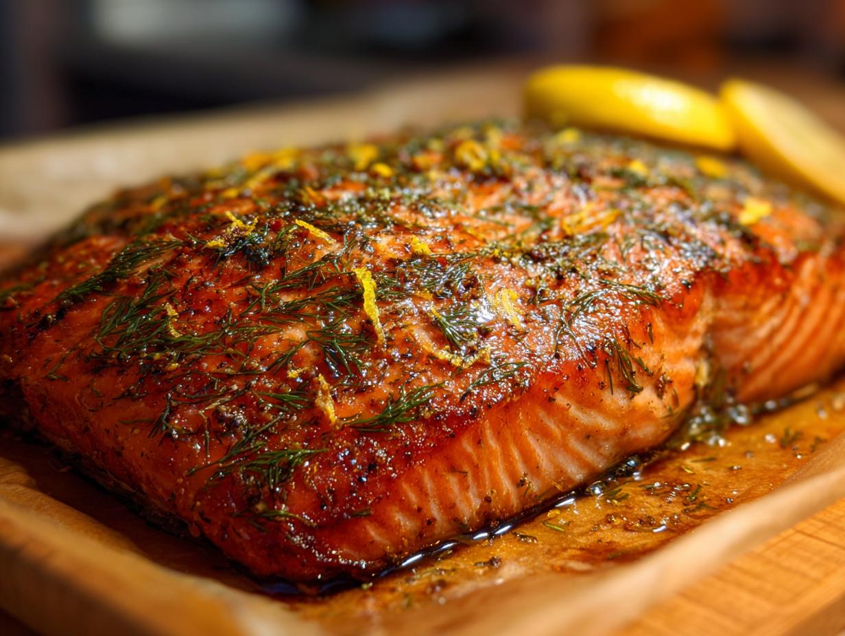 Close-up of a perfectly baked salmon fillet seasoned with fresh dill and lemon zest.