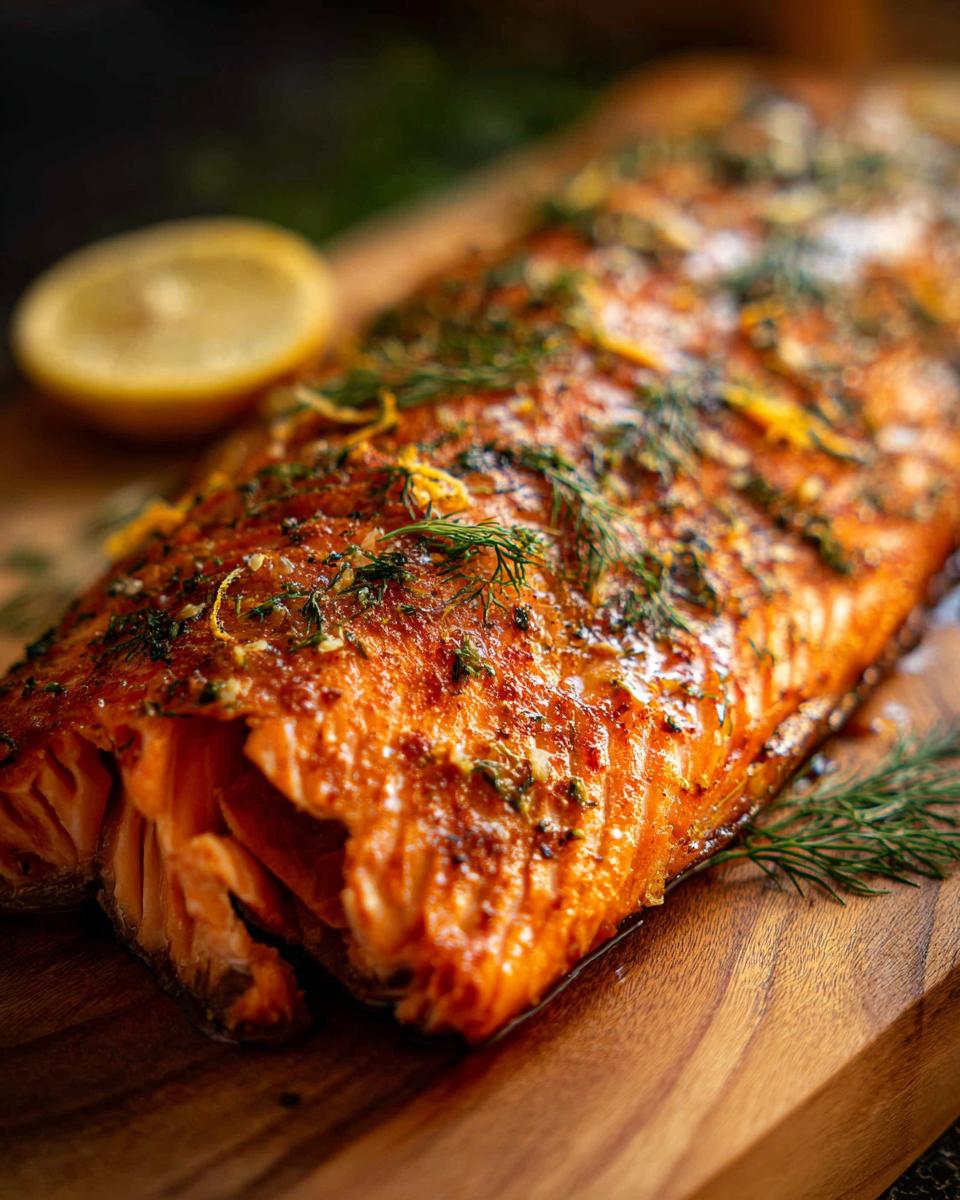 A close-up of a perfectly baked salmon fillet with dill and lemon on a wooden board.