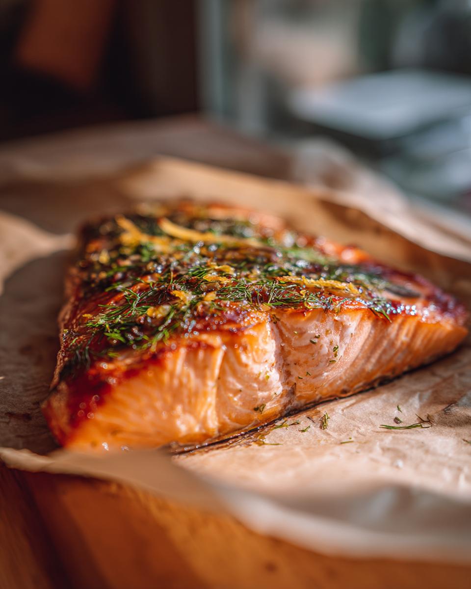 A close-up of a flaky, perfectly baked salmon fillet seasoned with fresh dill and lemon zest.