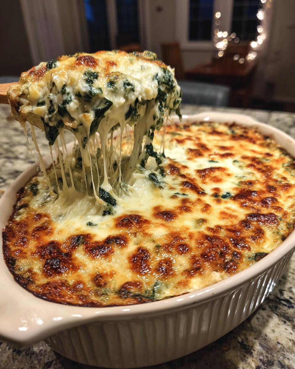 A wooden spoon lifting a generous scoop of cheesy, baked Spinach Artichoke Dip from a baking dish.