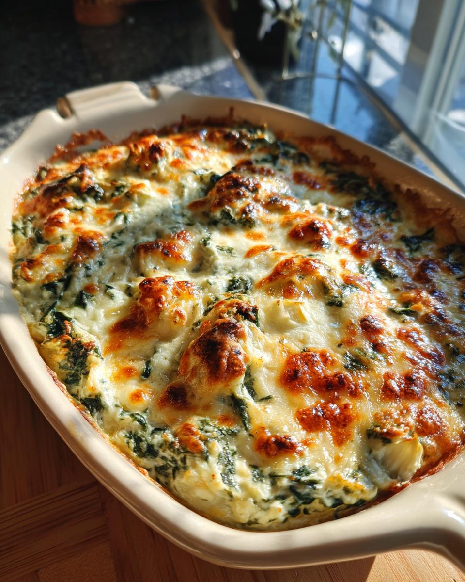 A close-up of a bubbly, golden-brown baked Spinach Artichoke Dip in a casserole dish.