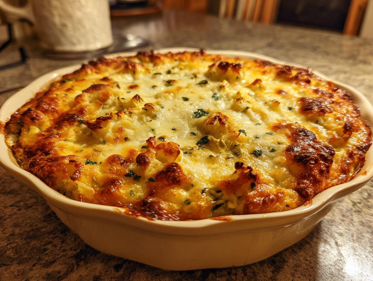 A golden-brown baked Spinach Artichoke Dip in a casserole dish, bubbling with melted cheese and herbs.