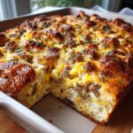 A close-up of the Best Breakfast Casserole with golden brown cheese, crumbled sausage, and fluffy eggs.
