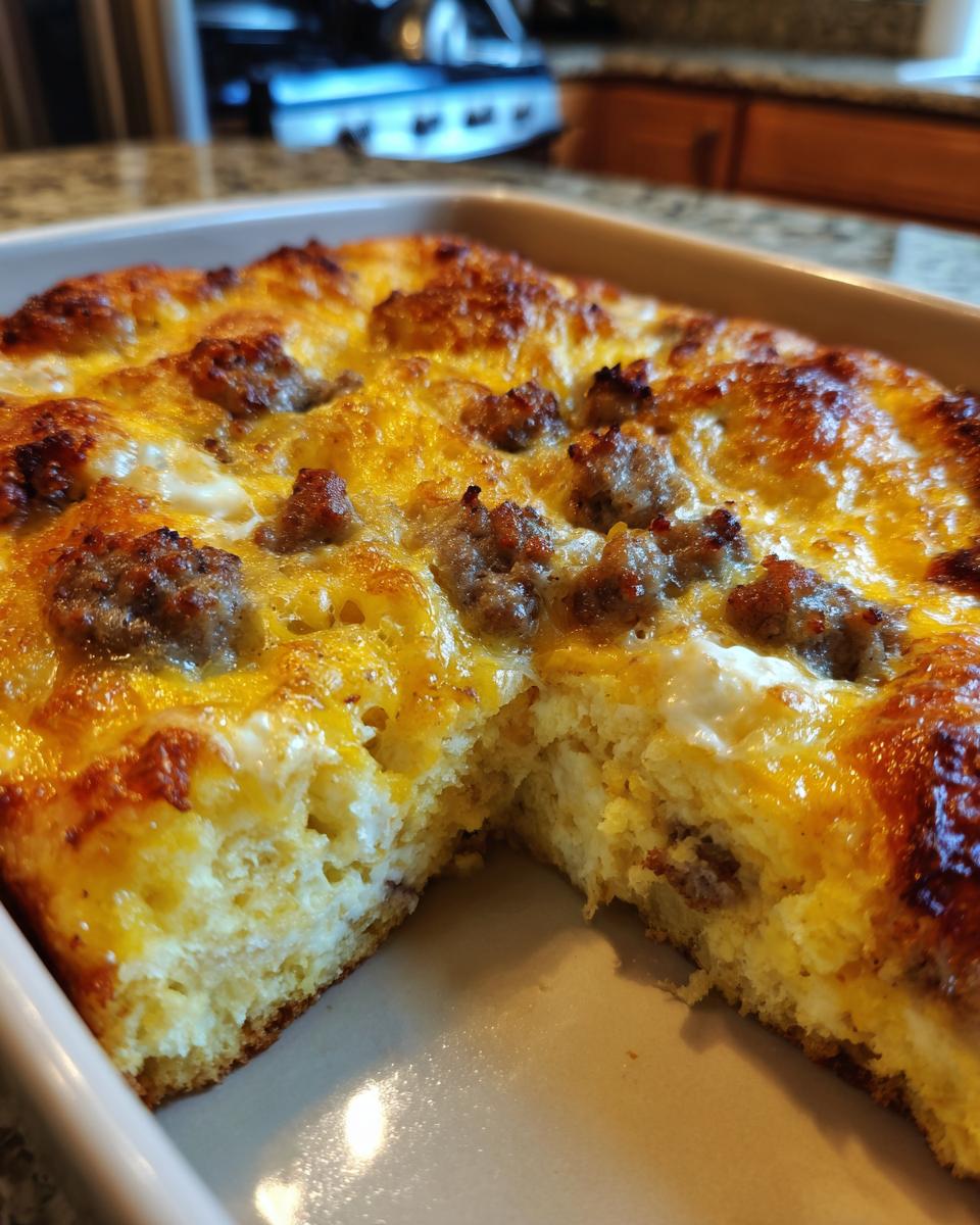 A golden-brown Best Breakfast Casserole with sausage crumbles and melted cheese, a slice removed.