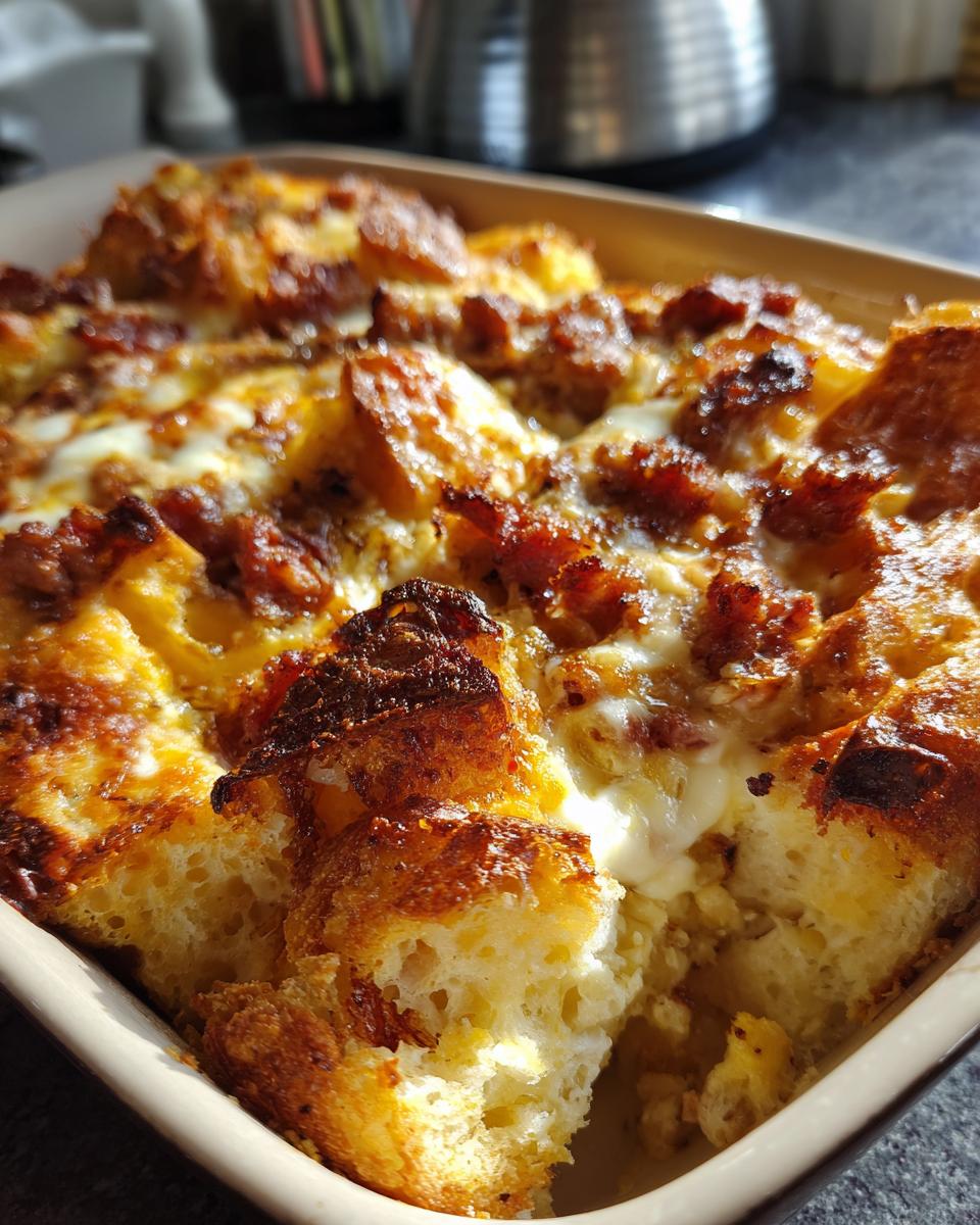 Close-up of a golden-brown Best Breakfast Casserole with visible bread cubes, cheese, and meat.