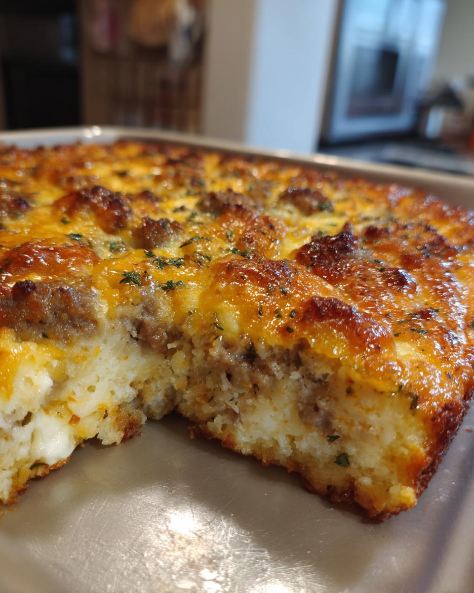 A slice of the Best Breakfast Casserole (Holiday Menu) with layers of sausage, egg, and cheese.