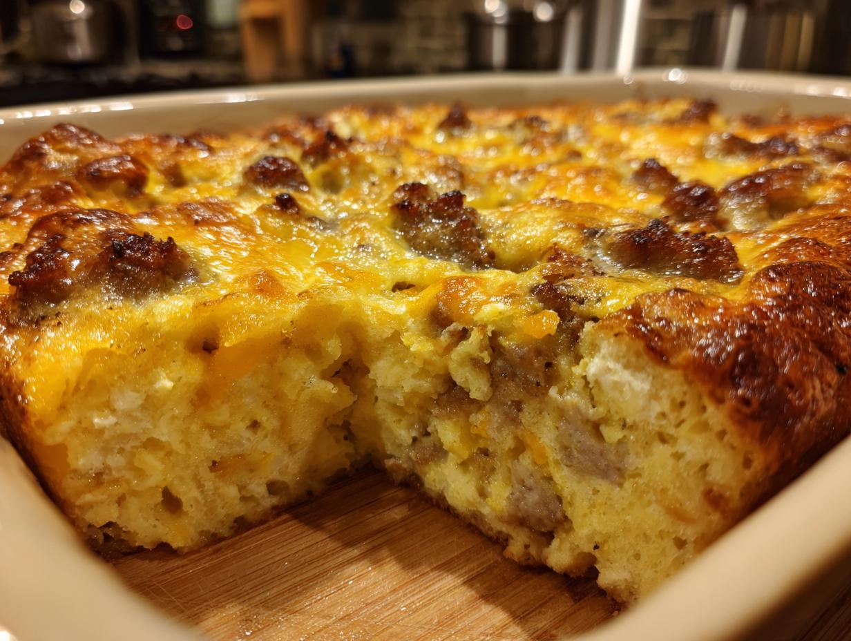 A golden-brown Best Breakfast Casserole with visible chunks of sausage and melted cheese, served in a baking dish.