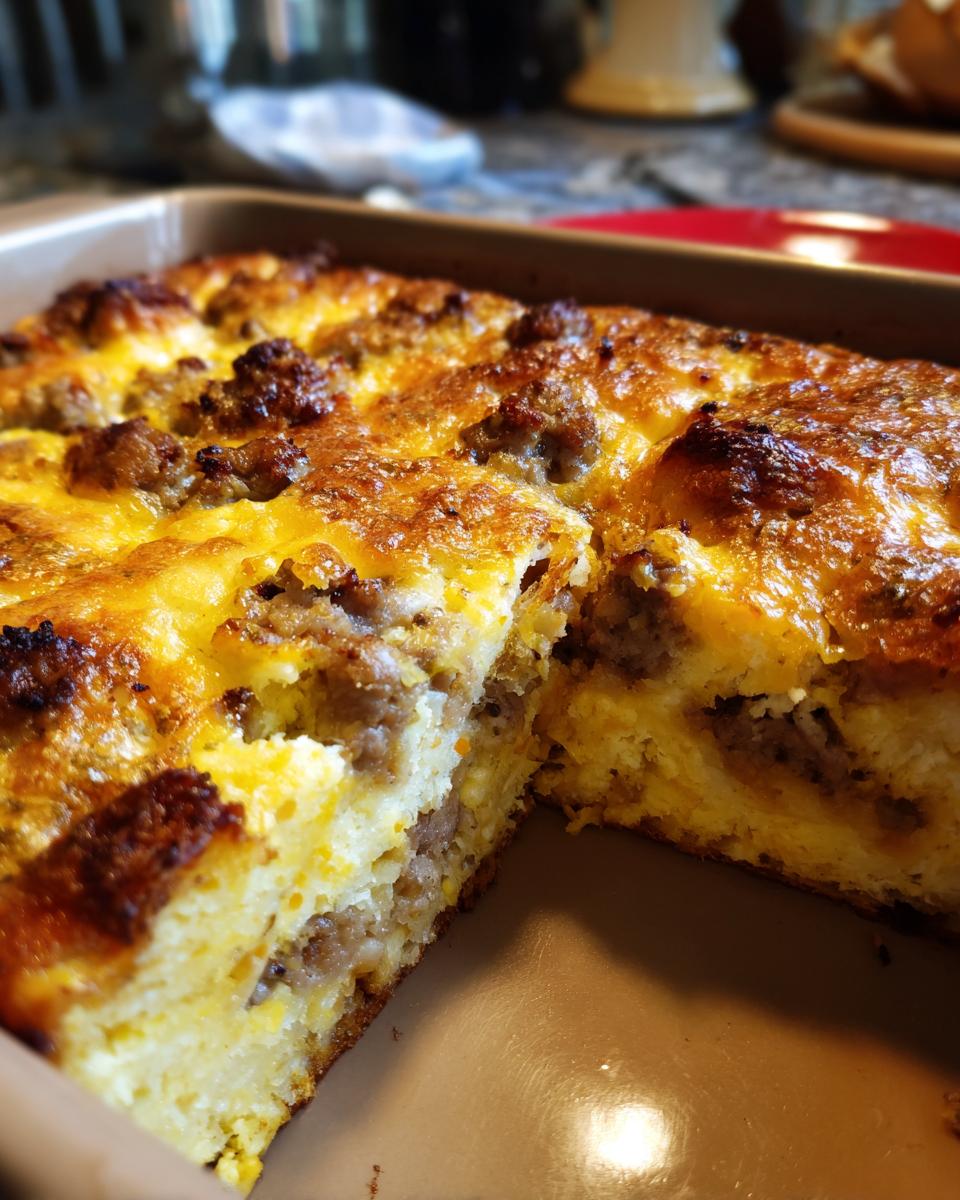 A close-up of a slice of the Best Breakfast Casserole, featuring layers of sausage, egg, and cheese.