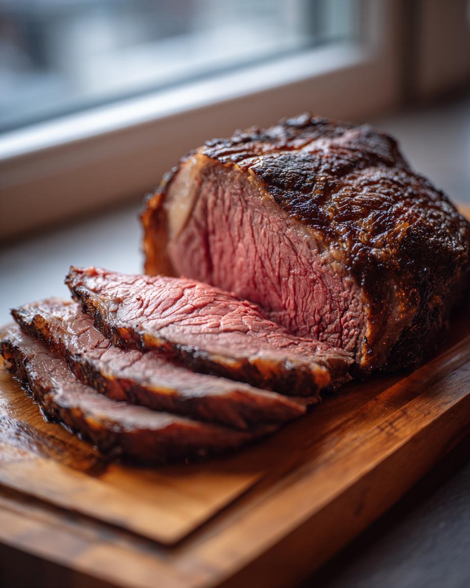 A perfectly cooked BEST Prime Rib roast, sliced and resting on a wooden cutting board. The meat is juicy and pink inside with a beautifully browned crust.