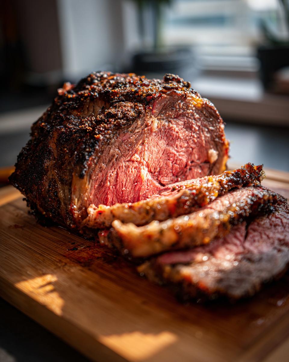 A perfectly cooked BEST Prime Rib roast, sliced to reveal a juicy, pink interior and a flavorful crust.