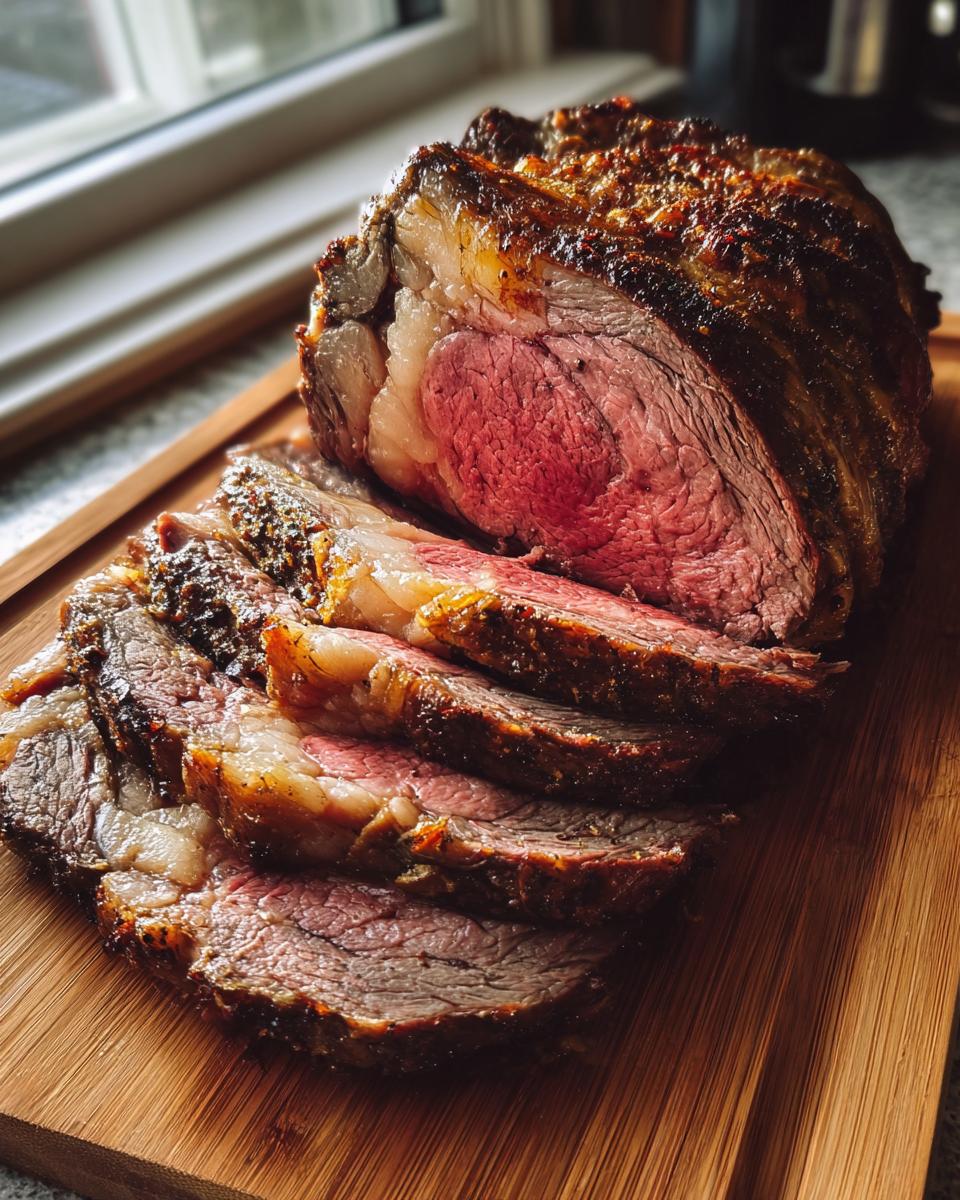 A perfectly cooked BEST Prime Rib roast, sliced to reveal a juicy, pink interior and a flavorful crust.