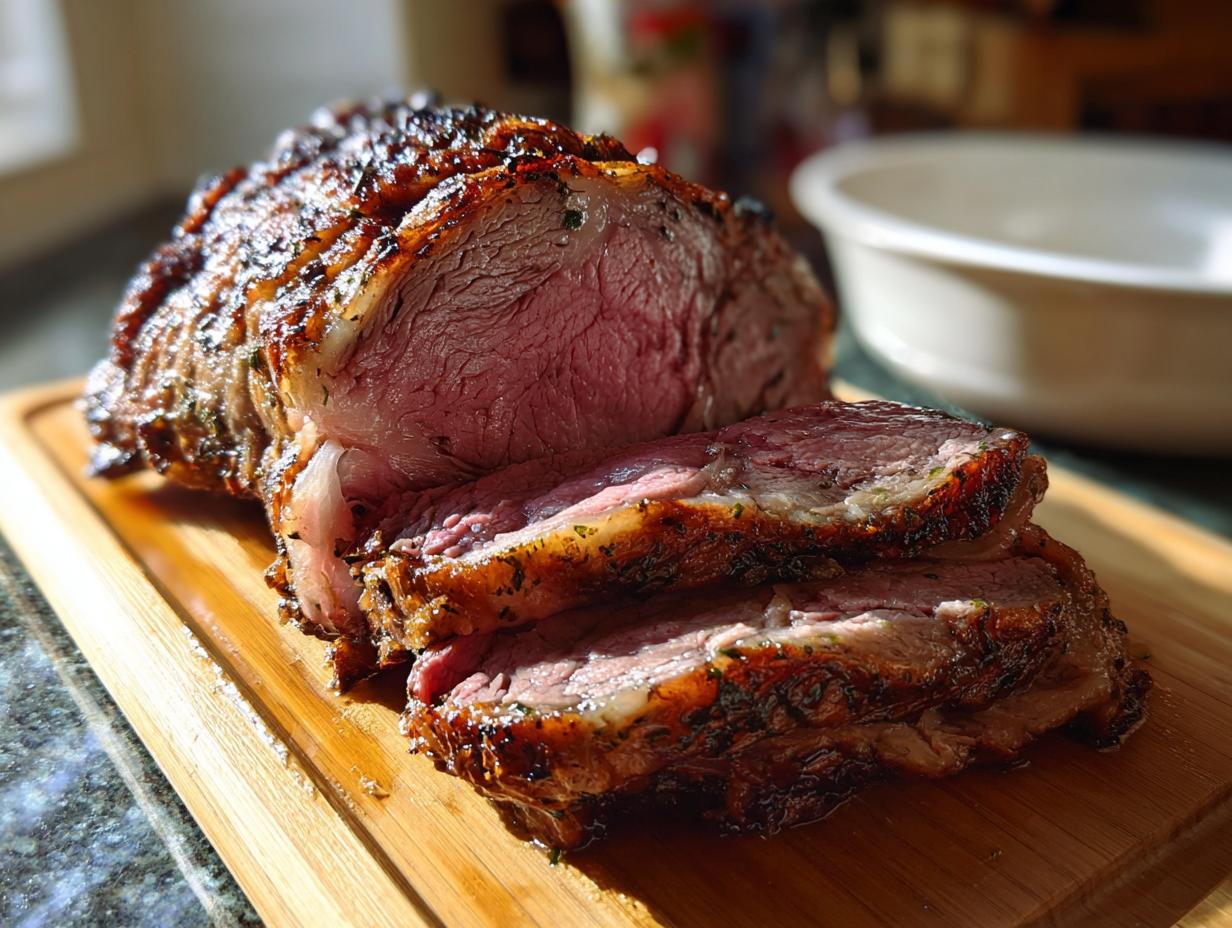 A perfectly cooked BEST Prime Rib roast, sliced to reveal a juicy pink interior and a beautifully browned crust.