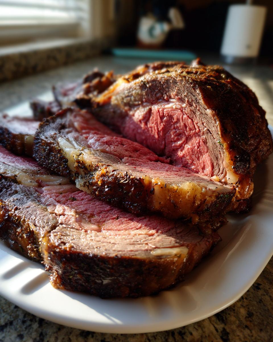 Juicy and tender slices of BEST Prime Rib roast, cooked to perfection with a beautiful pink interior.