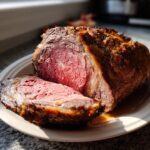 A perfectly cooked boneless prime rib recipe, sliced to reveal a tender, pink interior and a flavorful crust.