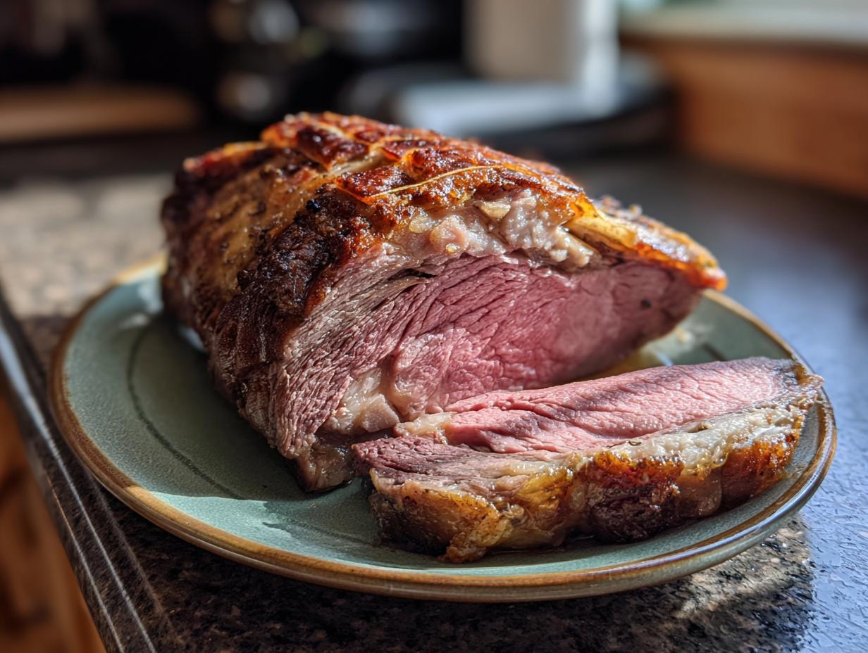 A juicy, perfectly cooked boneless prime rib roast with a golden-brown crust, sliced on a plate.