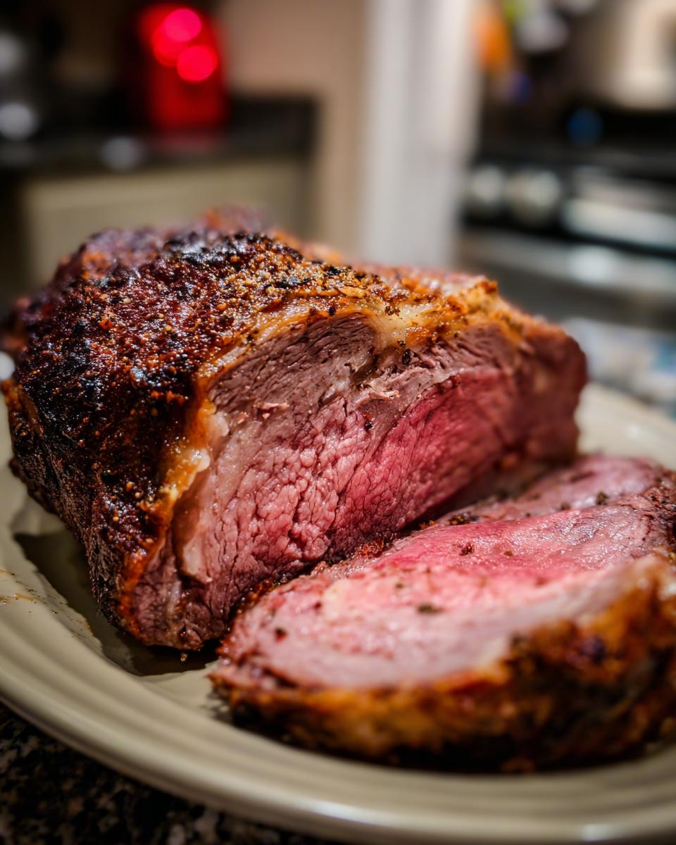 A perfectly cooked boneless prime rib roast, sliced to reveal a juicy pink interior and a flavorful crust.