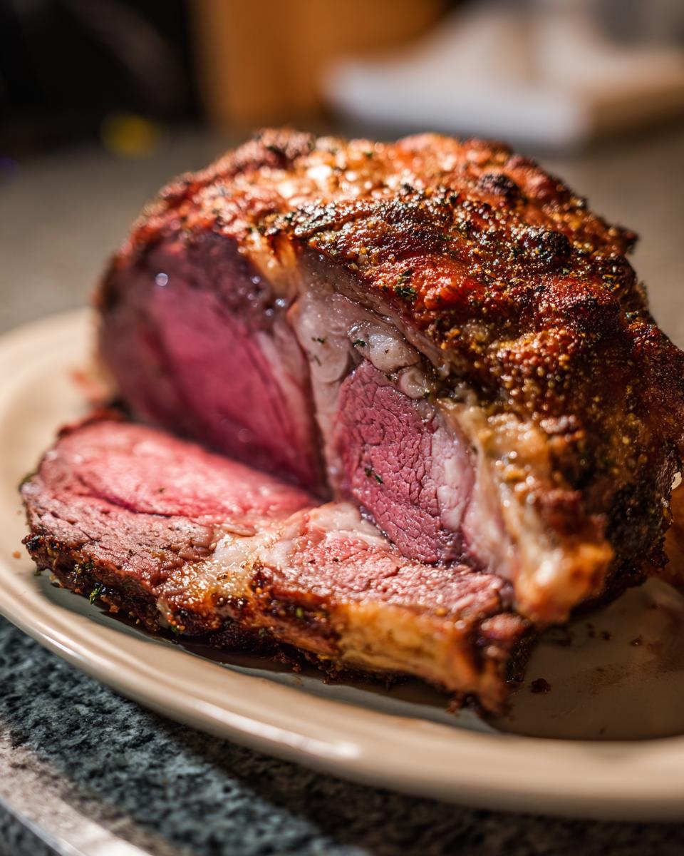 A beautifully roasted boneless prime rib, sliced to reveal a juicy pink interior and a flavorful crust.