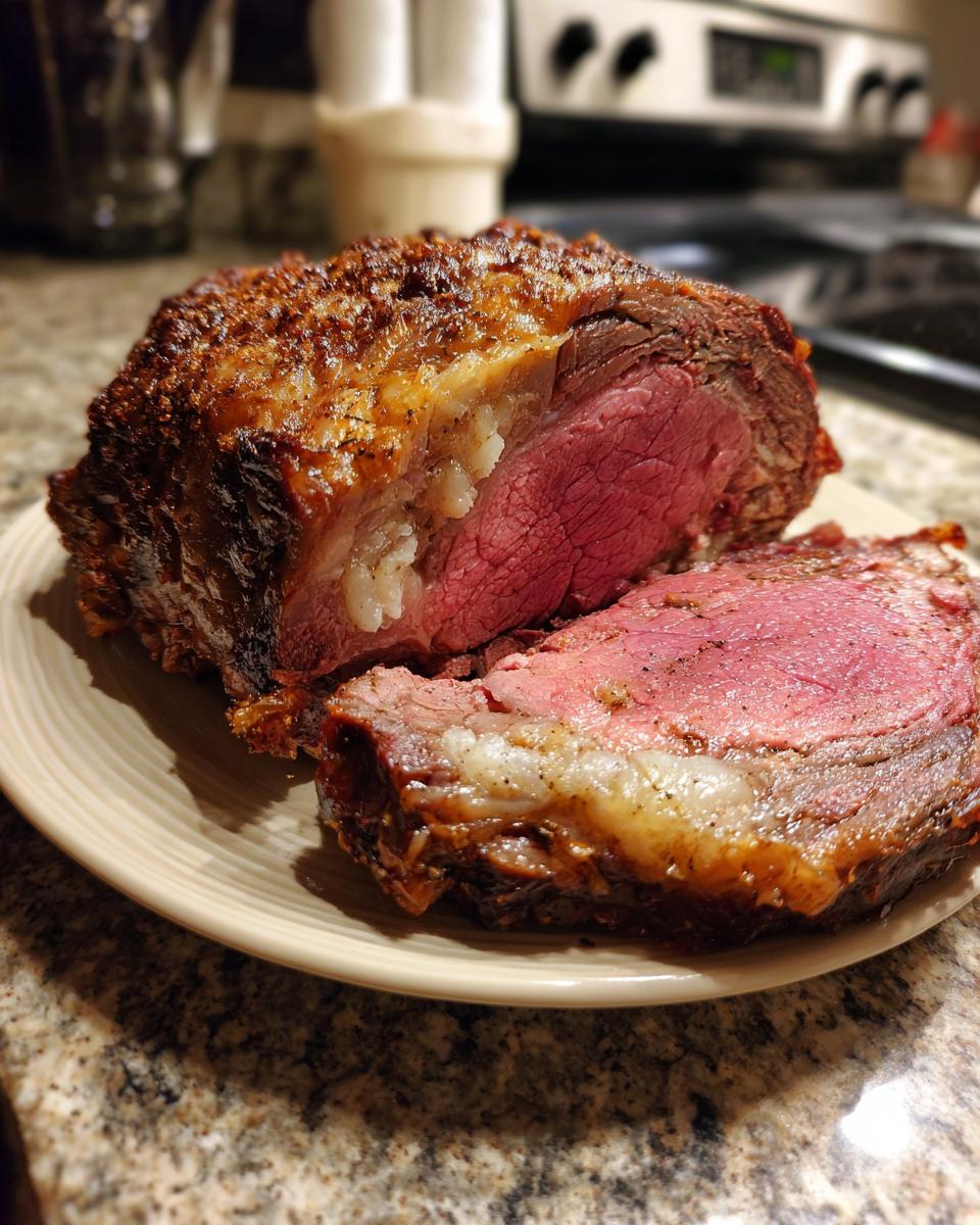 A juicy, medium-rare boneless prime rib roast, sliced to reveal its tender interior and a golden-brown crust.