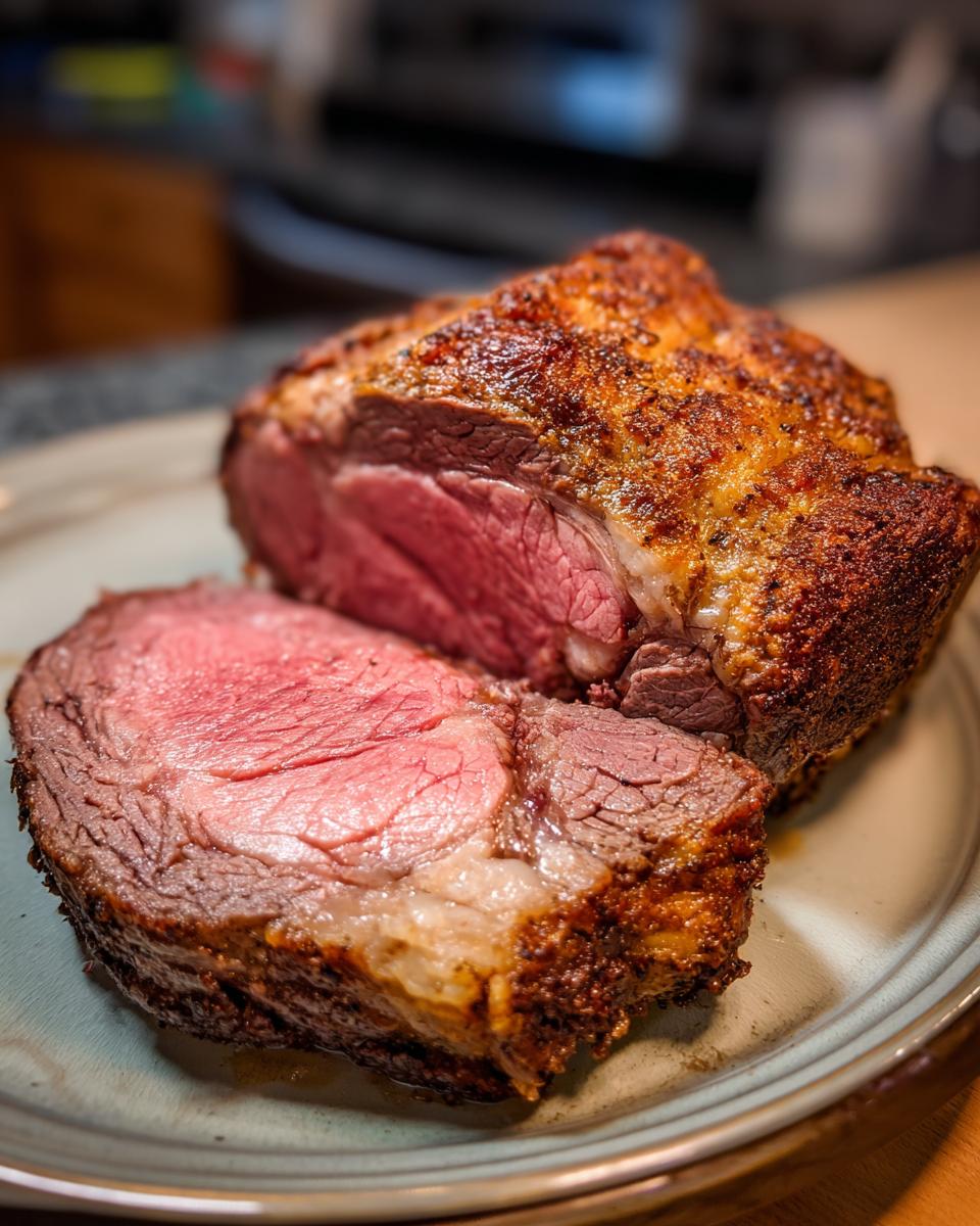 A perfectly cooked boneless prime rib roast, sliced to reveal a tender, pink interior and a flavorful crust.