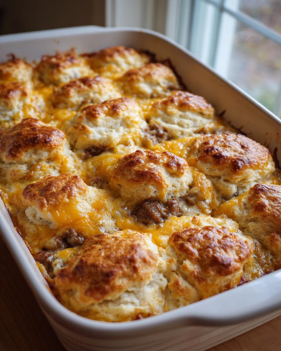 A close-up of a baked Breakfast Casserole with Biscuits, topped with melted cheddar cheese.